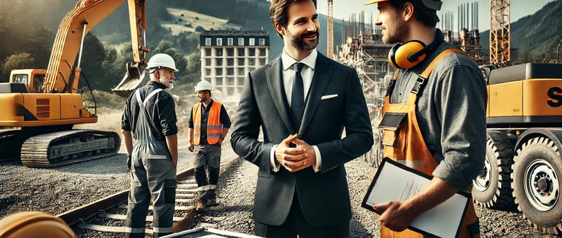 ’un chantier en Suisse, avec un superviseur et des ouvriers discutant dans un environnement professionnel et actif.