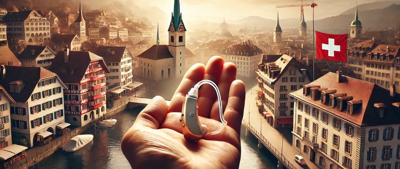 image illustrant la protection des appareils auditifs en Suisse, avec une main tenant un appareil auditif devant une ville su