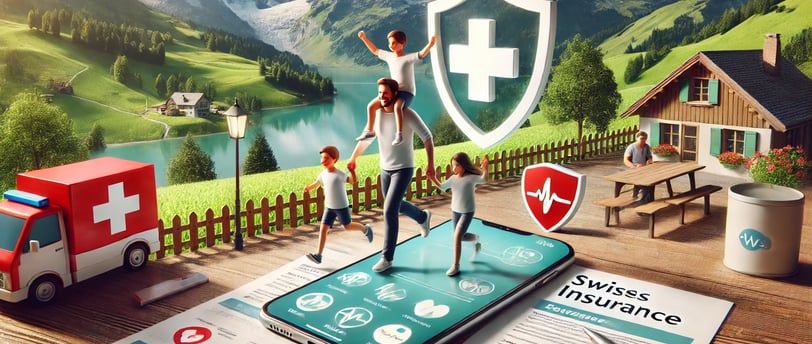 illustrant le concept d'assurance en Suisse avec un cadre naturel et des éléments symboliques de sécurité et de santé.