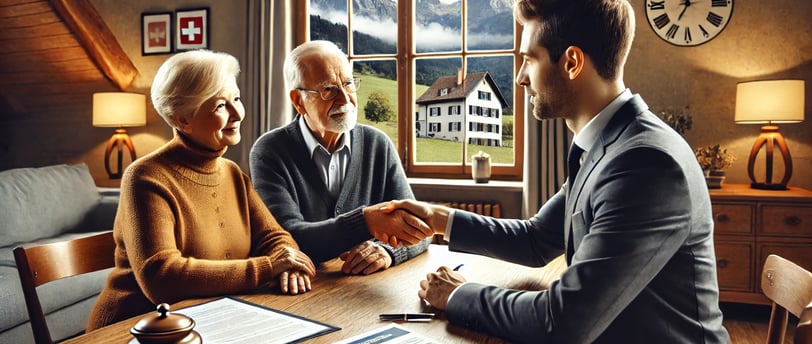 image avec un conseiller financier aux côtés d’un couple âgé suisse, dans un cadre professionnel et rassurant.