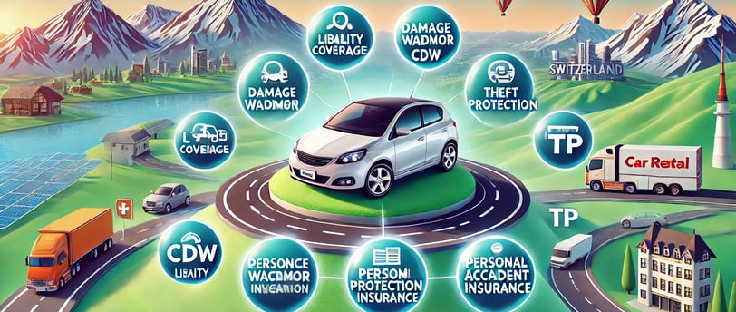 Voici une image au format 16:9 sans texte, illustrant les options d'assurance pour une voiture de location dans un cadre typi