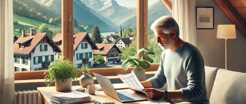 représentant une personne dans un bureau à domicile, analysant des documents relatifs à l'assurance maladie, avec une vue su