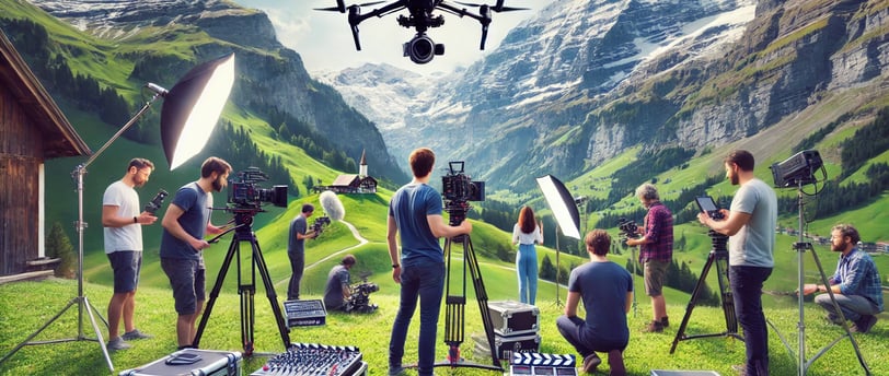 Voici une image représentant un plateau de tournage en Suisse, avec une équipe professionnelle travaillant dans un magnifique