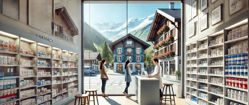 Voici une image réaliste d'une pharmacie suisse moderne située dans un village pittoresque