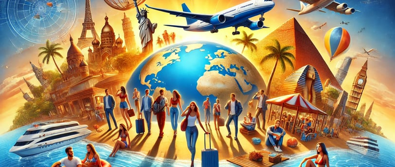 Voici une illustration dynamique et réaliste représentant des voyageurs explorant le monde, idéale pour incarner l'idée du vo
