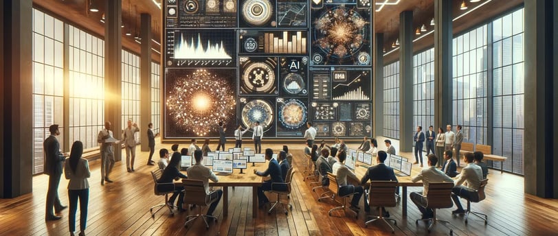Oficina moderna con gran panel de datos y gráficos sobre inteligencia artificial con profesionales trabajando