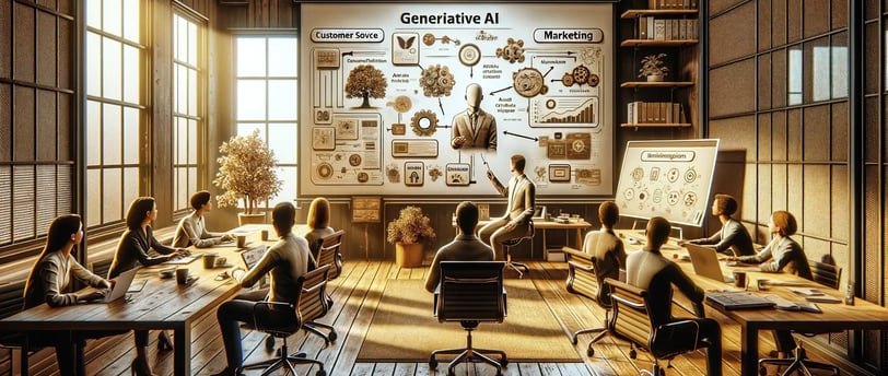 Reunión de sala de juntas discutiendo inteligencia artificial generativa con ayudas visuales