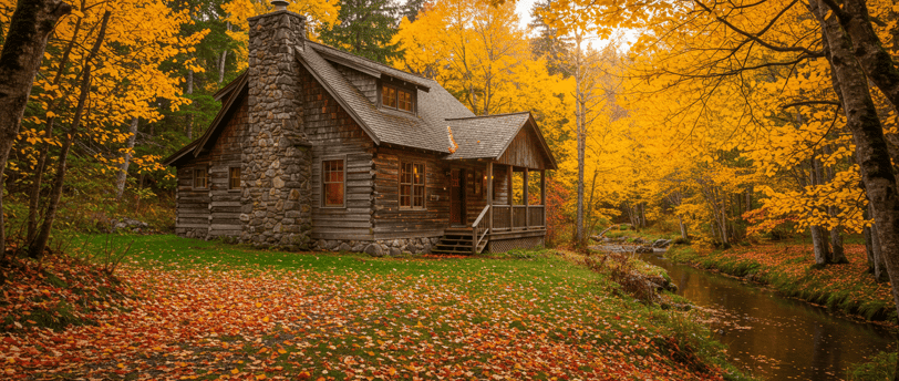 a cabin in the woods with a cabin in the background