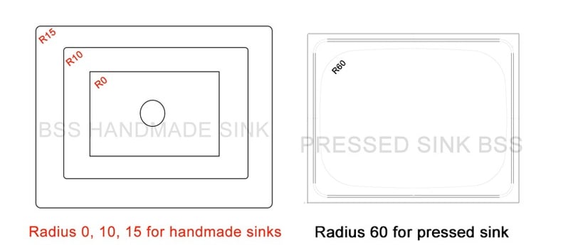los diferentes radios para fregadero de acero inoxidable prensado y hecho a mano