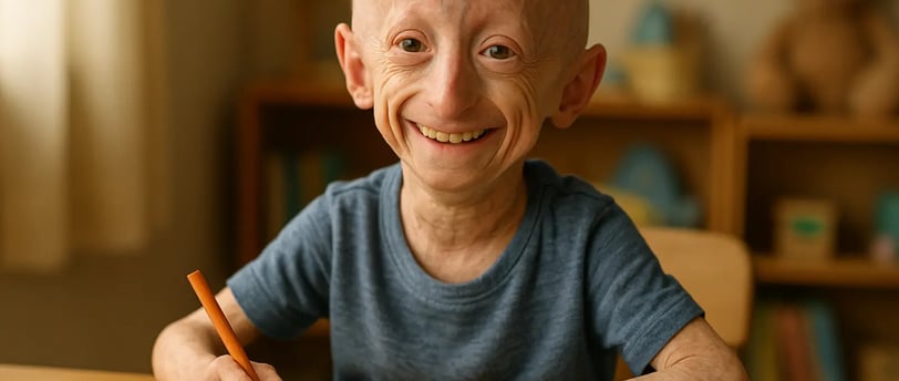 Niño con síndrome de Hutchinson-Gilford (Progeria) sonriente, dibujando con lápices de colores en un