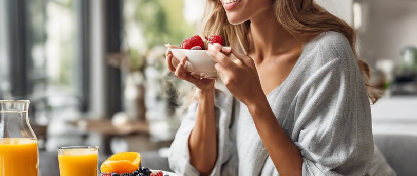 a woman sitting at a table with a cup of coffee and fruit