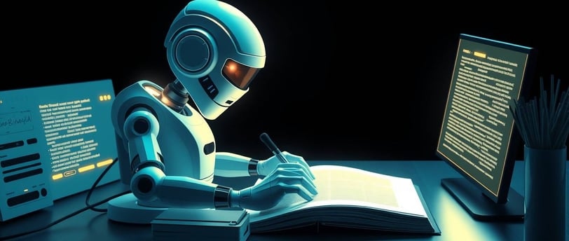 “Futuristic minimalist illustration of an AI writing engine at a desk, with glowing text flowing fro