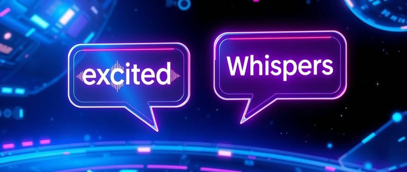 “Two speech bubbles with embedded waveforms and emotion tags like [excited] and [whispers], softly p