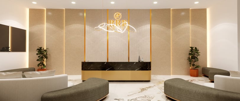 a modern office lobby with a large chandelier