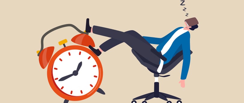 Procrastination concept illustration – person sleeping at desk with alarm clock showing time managem