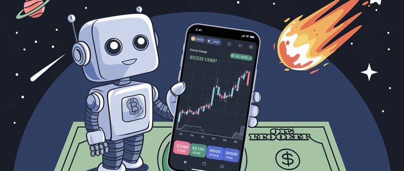 a robot with a phone showing a stock market