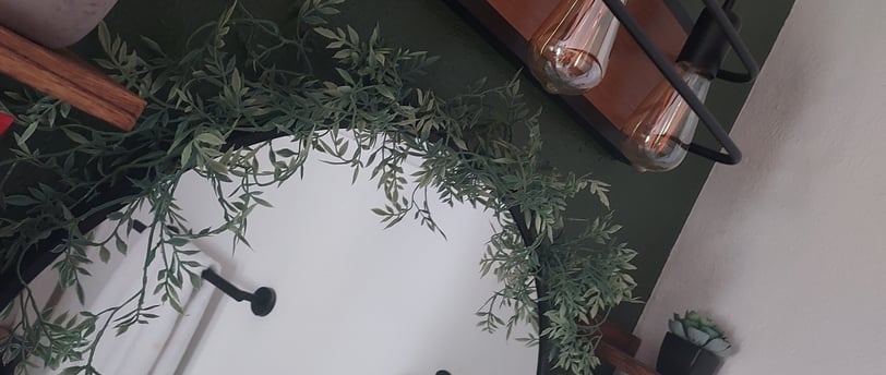 a bathroom with a mirror and a plant in the middle