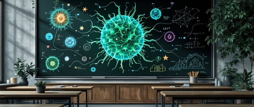 A classroom chalkboard with written formulas and diagrams