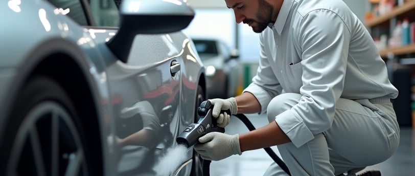 Centro de higienização automotiva com vários carros sendo atendidos.