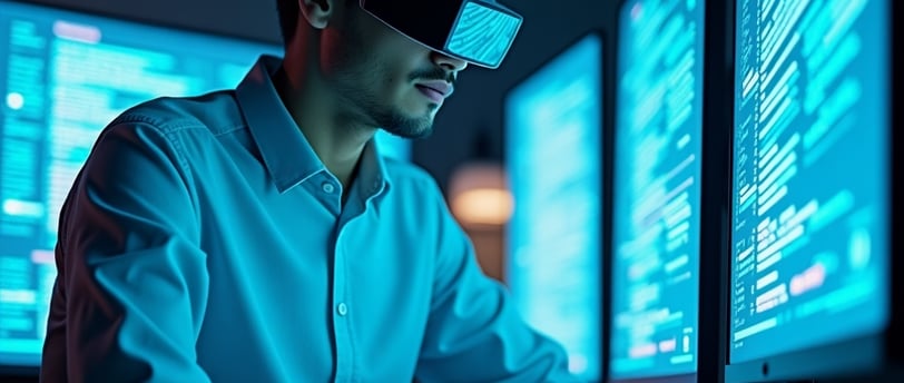 Profissional de inteligência artificial em escritório moderno com telas holográficas, representando
