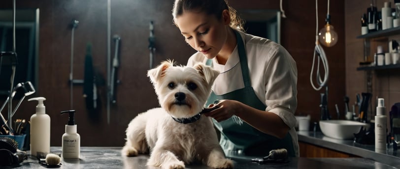 Profissional cuidando de um cachorro em um serviço de banho e tosa