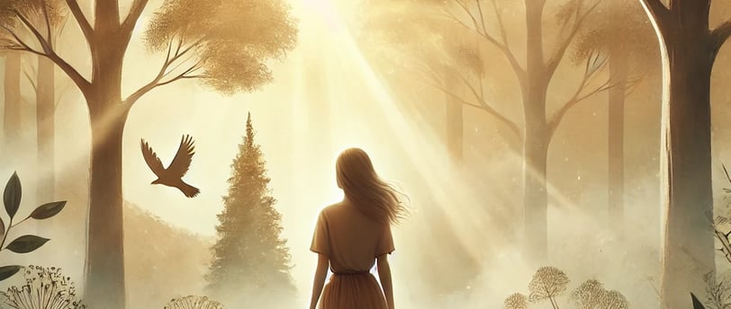 a woman in a long dress standing in a forest