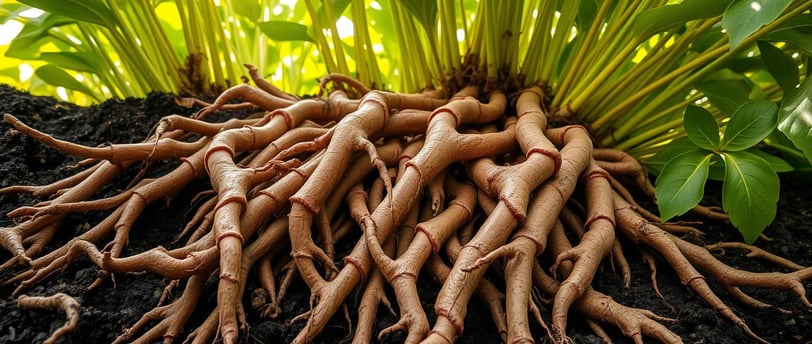 A close-up view of the thick, gnarled roots of the licorice plant (Glycyrrhiza glabra) .