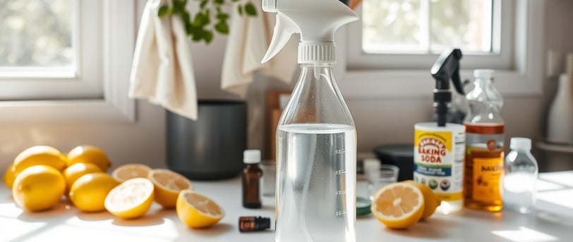 a kitchen counter with natural cleaning products.