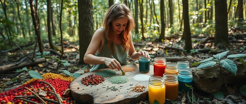 A woman is blending colors on a rustic wooden palette, with jars of natural pigments .