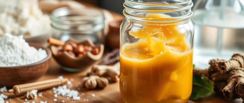 Golden-brown natural glue in glass jar on kitchen table.