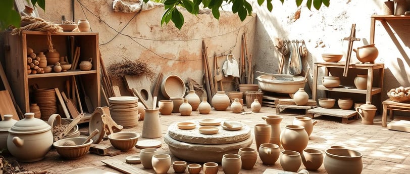 A potter's workspace surrounded by wild clay sources, featuring a variety of pottery tools,