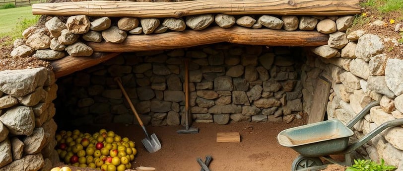 A rustic root cellar being constructed, with stone and wood beams.