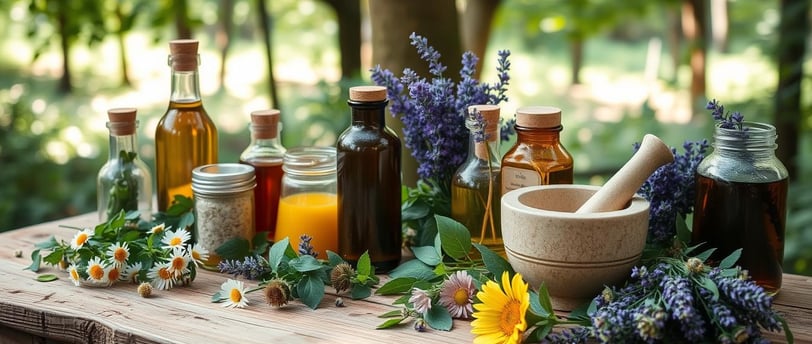 A rustic wooden table adorned with fresh herbs, like chamomile, calendula, and lavender.