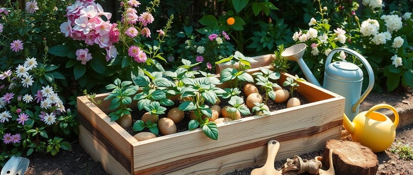 Wooden potato box, surrounded by green foliage and blooming flowers. 