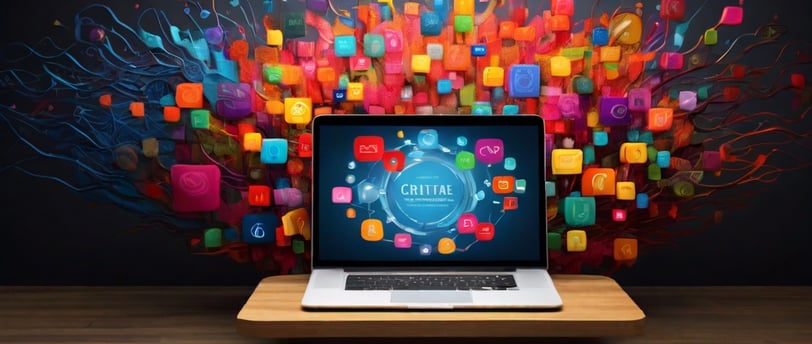 a laptop computer sitting on a table with a colorful background