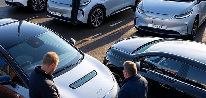 Busy Leeds car dealership showcasing used electric vehicles on a forecourt in 2025, with customers