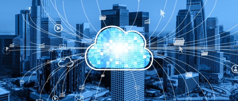 Futuristic smart city skyline illuminated with AI data streams, cloud computing icons