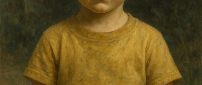 A young blonde boy with blue eyes stands quietly in a yellow shirt, gazing forward against a soft ga