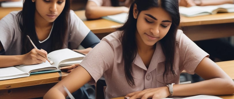 A group of students seated closely together in what appears to be a classroom setting, holding notebooks and pens. They are attentively engaged in what seems like a lecture or group discussion. The focus is on the students' hands and the open notebook, where notes are visible.