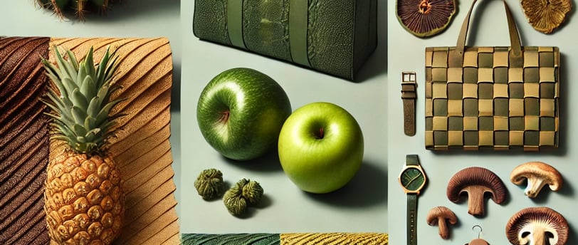 A collage showcasing different types of plant-based leather, including cactus leather, apple leather, pineapple leather, and
