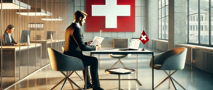 image correspondant à l'ouverture d'un compte bancaire en Suisse. Elle reflète une atmosphère professionnelle et sécurisée,