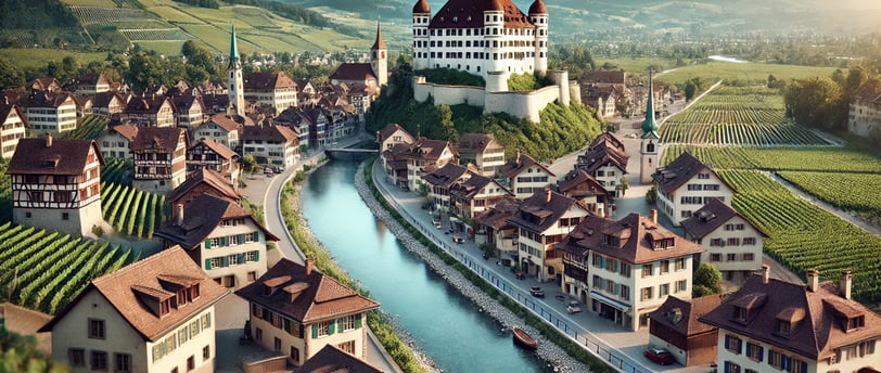 Voici une représentation plus réaliste de Frauenfeld, avec la rivière Murg incluse sous forme de petit cours d'eau