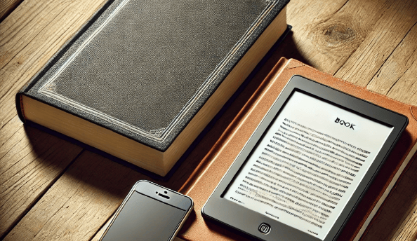 picture of book, e-reader, and iPhone