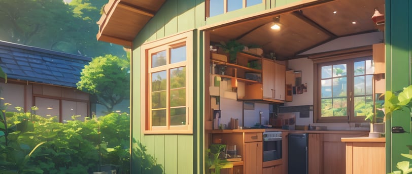 an open doorway to a tiny home kitchen