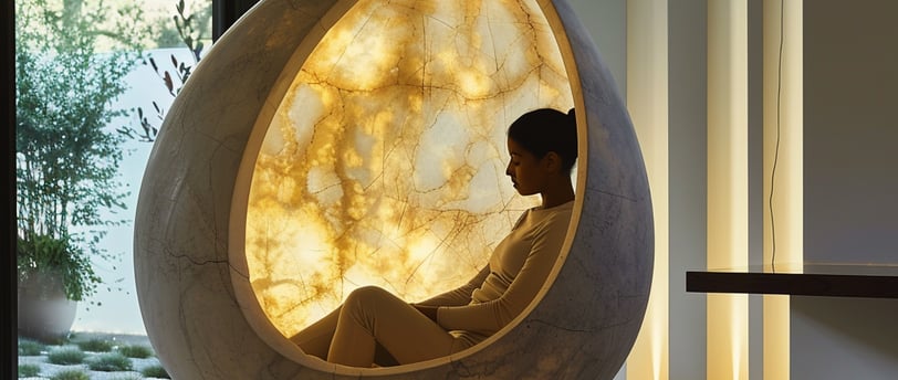 a woman sitting in a chair shaped like an egg in a room