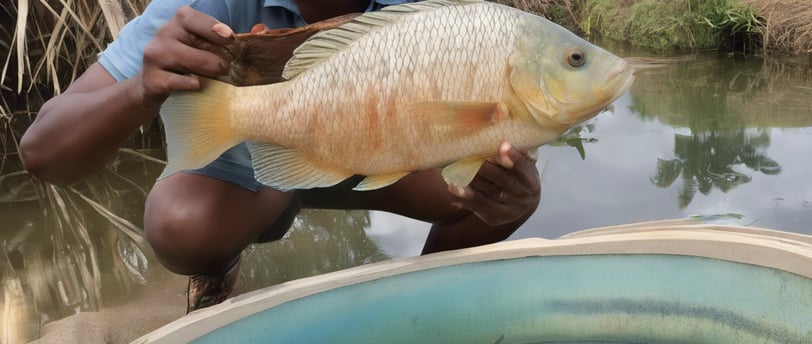 a man holding a tilapia fish over a bowl