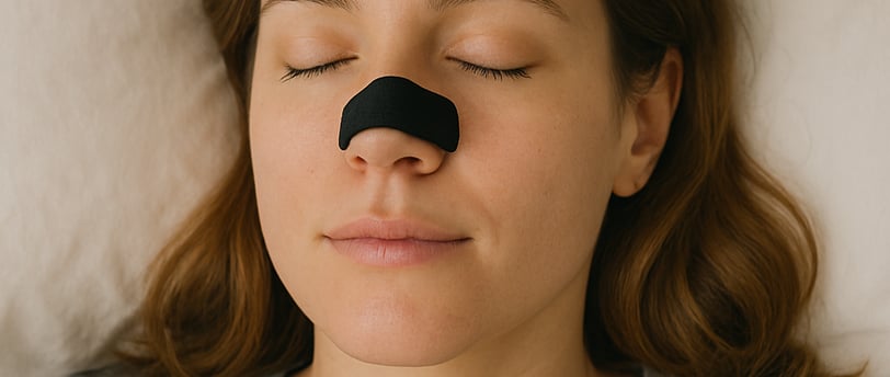 Mujer aplicándose una tira nasal negra RESPIRA+ con expresión relajada.
