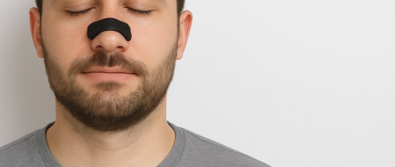 Primer plano de hombre aplicándose la tira nasal RESPIRA+ antes de dormir.