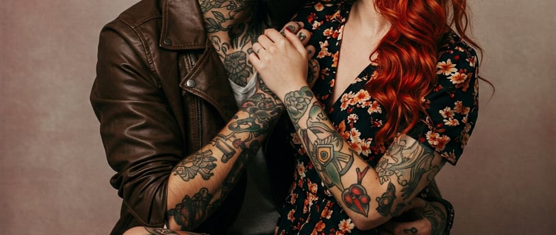 Aesthetic tattooed couple. Stylish man and woman with beautiful tattoos.