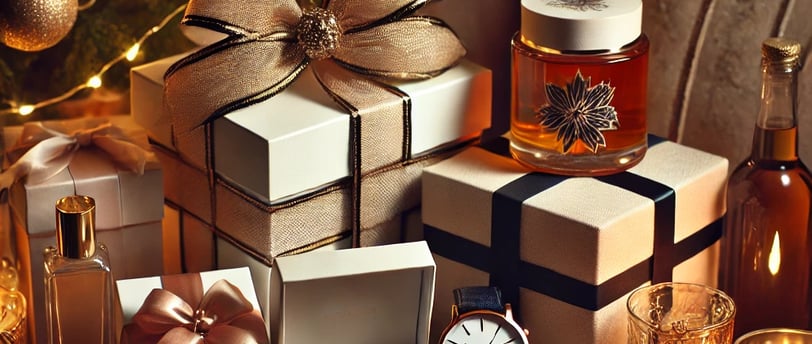 Christmas gift guide for her featuring jewelry, a scarf, and skincare under a festive holiday tree.